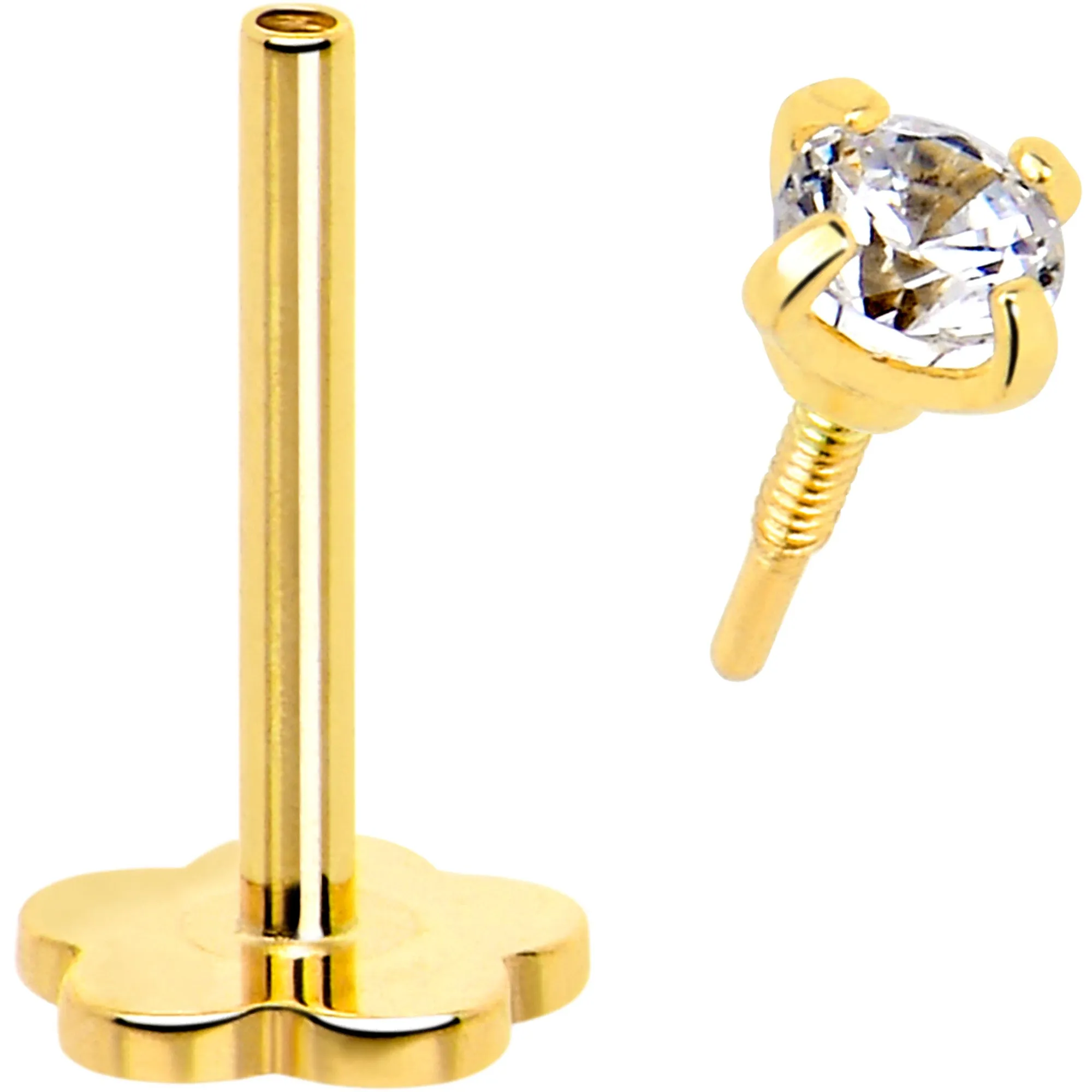 14k Yellow Gold Flat Back Earring 20 gauge 2mm CZ Floral Reversible
