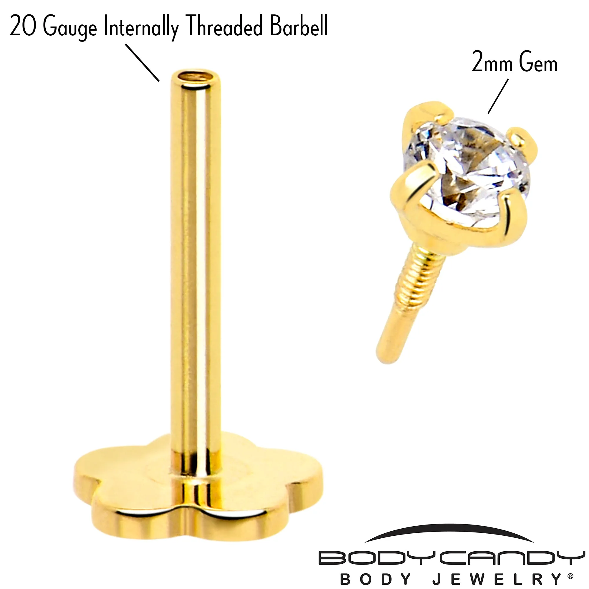 14k Yellow Gold Flat Back Earring 20 gauge 2mm CZ Floral Reversible