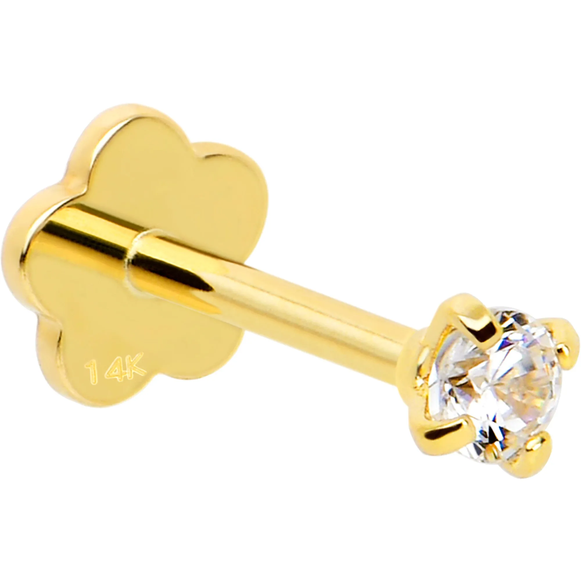 14k Yellow Gold Flat Back Earring 20 gauge 2mm CZ Floral Reversible