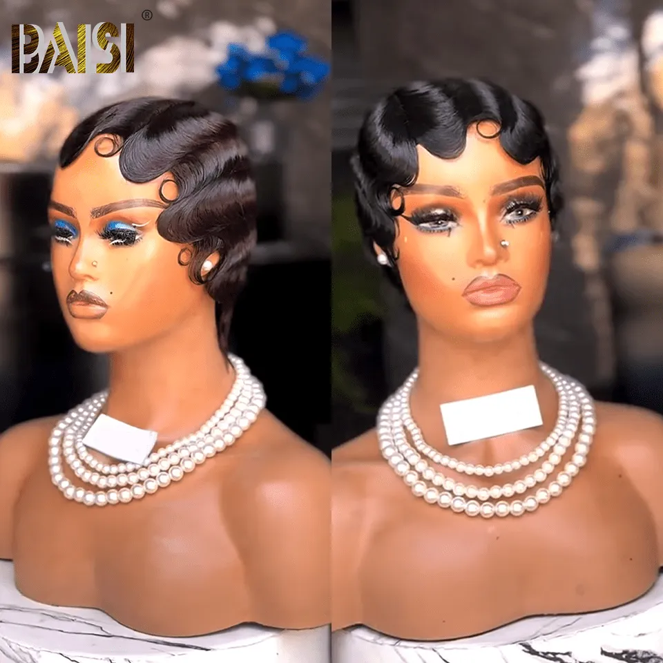 BAISI Machine Made Short Pixie Quick  Wave Wig