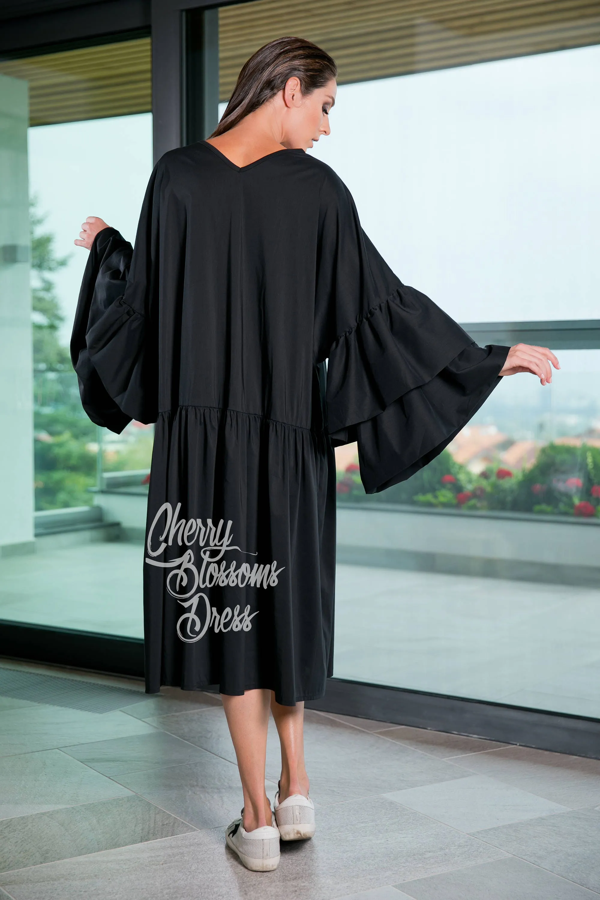 Black Ruffle Dress, Bohemian Clothing, Plus Size Clothing, Maxi Dress With Sleeves, Black Maxi Dress, Bell Sleeve Dress, Black Gypsy Dress