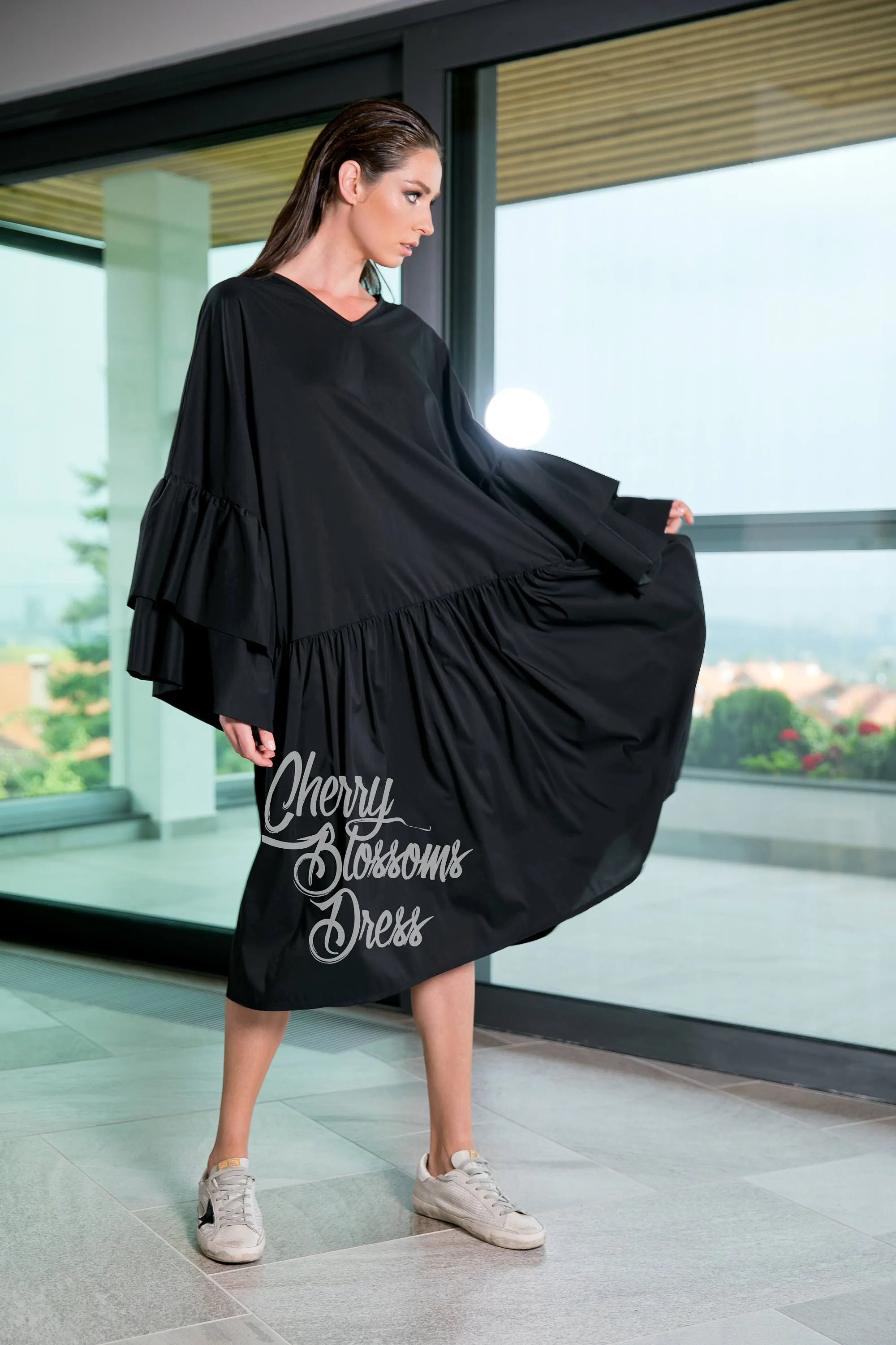 Black Ruffle Dress, Bohemian Clothing, Plus Size Clothing, Maxi Dress With Sleeves, Black Maxi Dress, Bell Sleeve Dress, Black Gypsy Dress