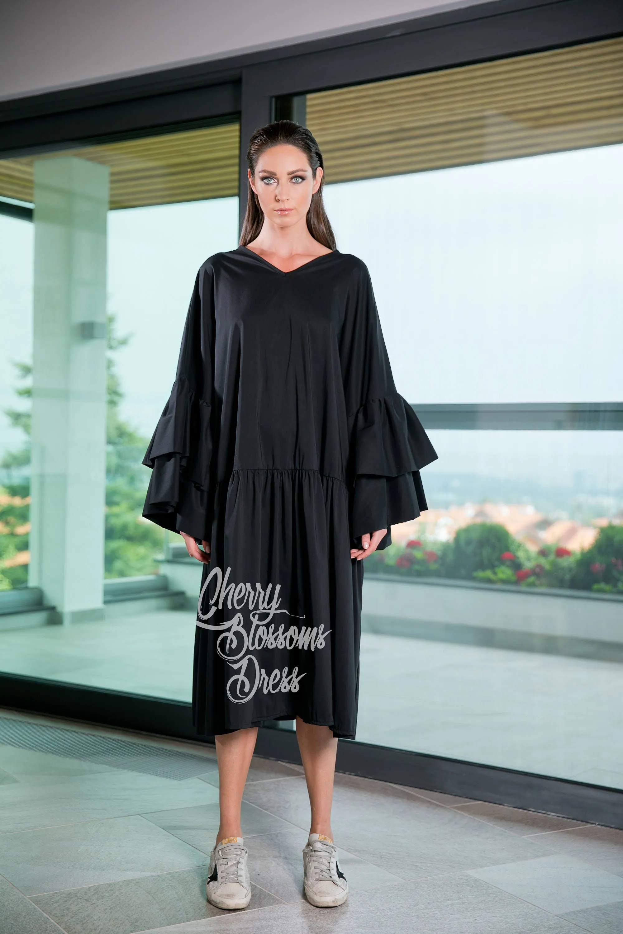 Black Ruffle Dress, Bohemian Clothing, Plus Size Clothing, Maxi Dress With Sleeves, Black Maxi Dress, Bell Sleeve Dress, Black Gypsy Dress