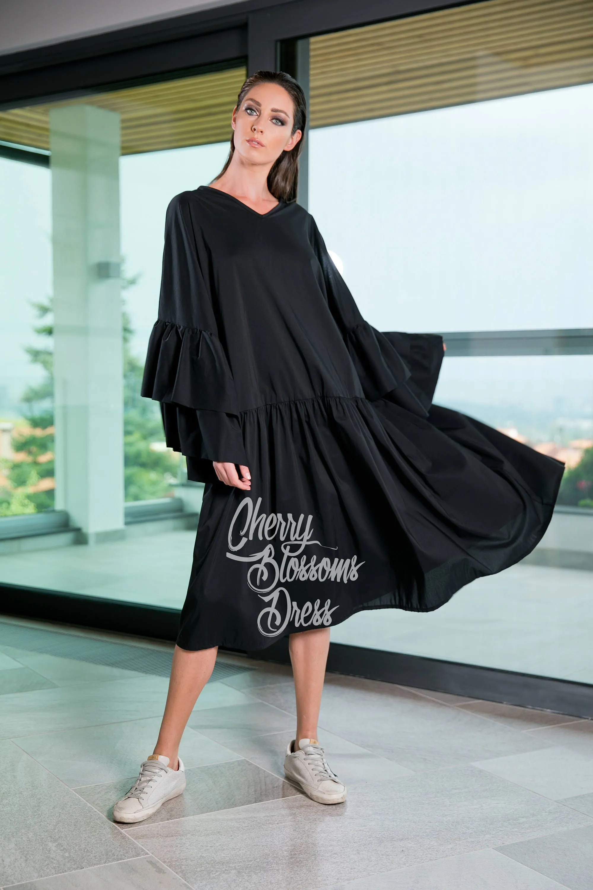 Black Ruffle Dress, Bohemian Clothing, Plus Size Clothing, Maxi Dress With Sleeves, Black Maxi Dress, Bell Sleeve Dress, Black Gypsy Dress