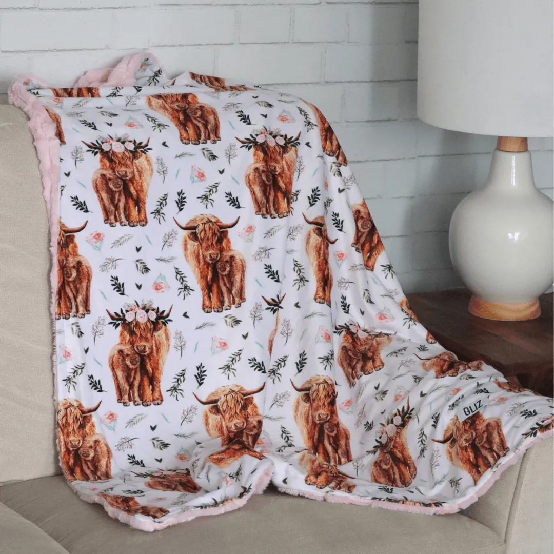 Blankets - Pink Spring Highland Cow Floral