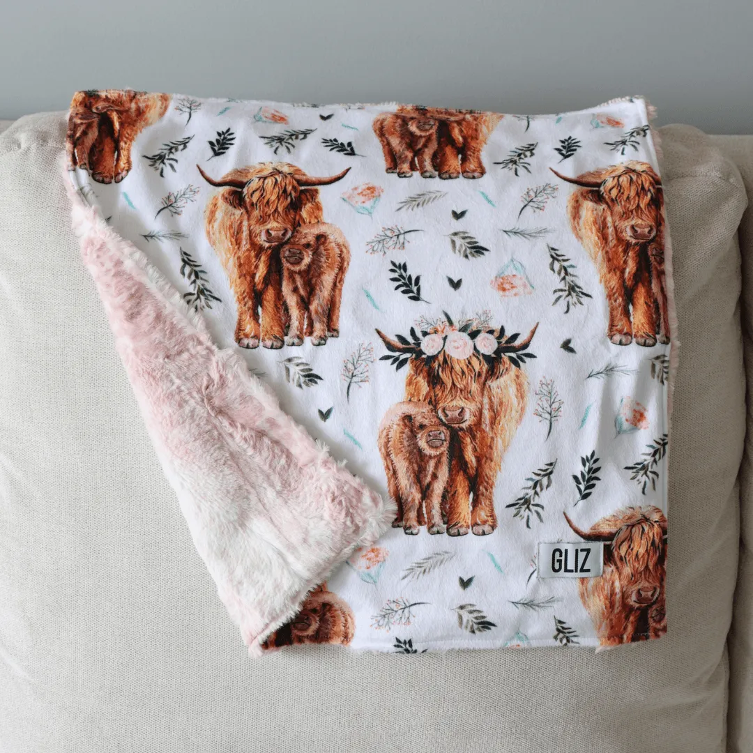 Blankets - Pink Spring Highland Cow Floral