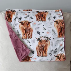 Blankets - Pink Spring Highland Cow Floral