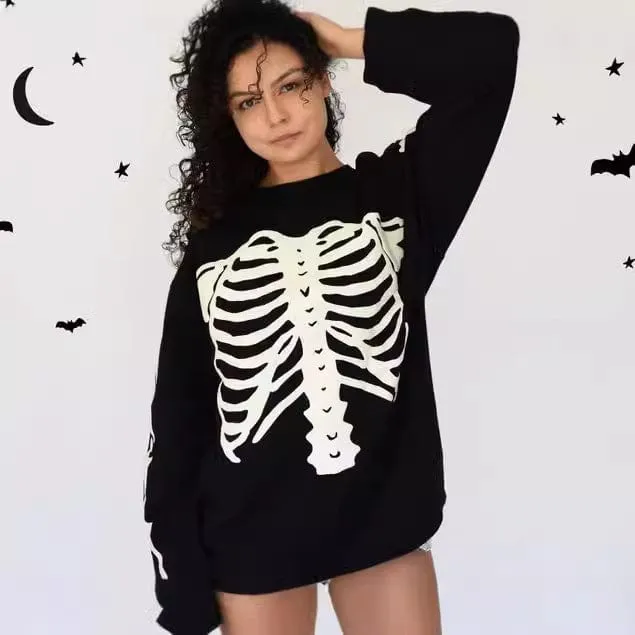 Bone Skull Dark Retro Long Sleeve Round Neck