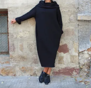 Cozy Loungewear Dress, Cowl Neck Dress, Warm Winter Dress, Turtleneck Dress, Plus Size Clothing, Black Jumper Dress, Gothic Dress, Loose