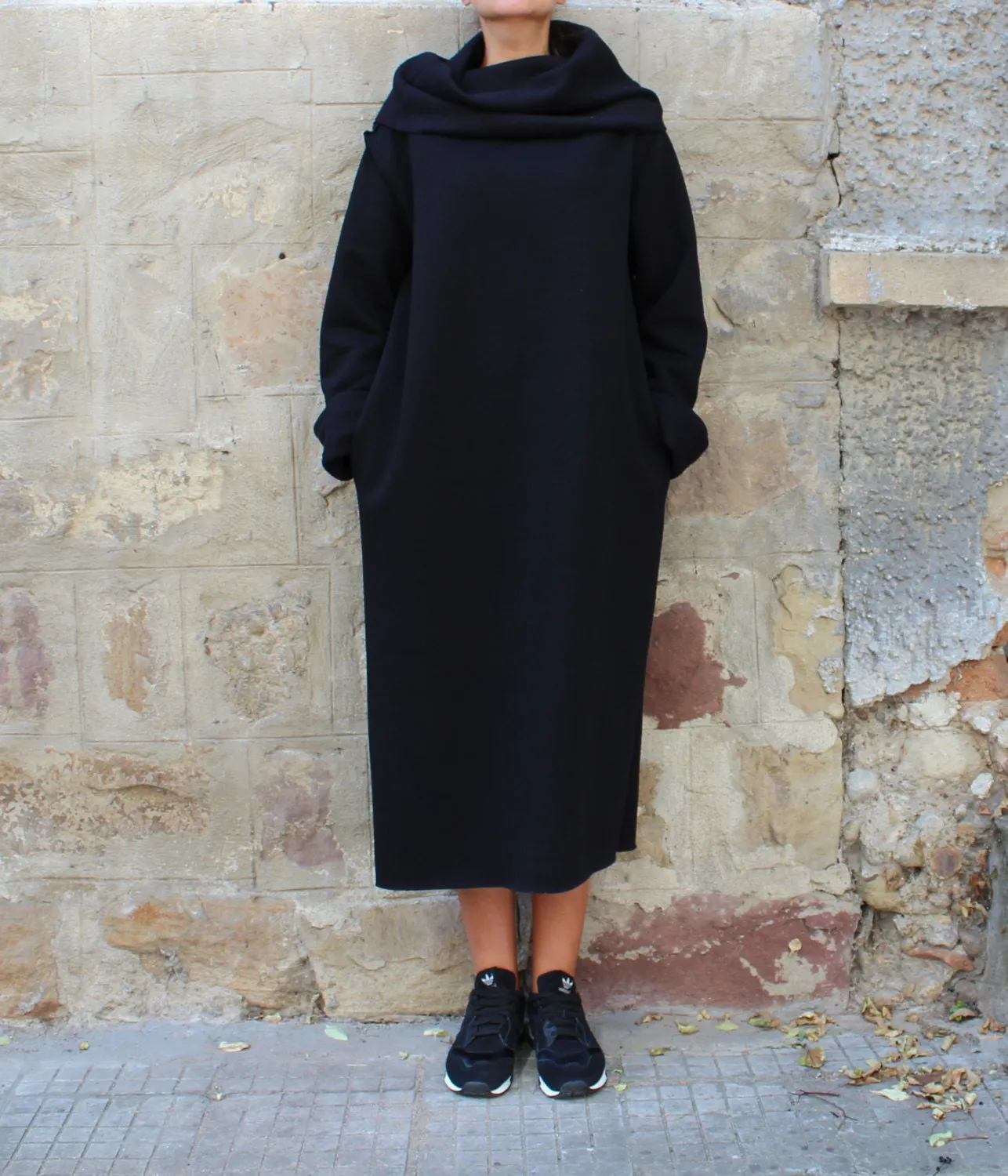 Cozy Loungewear Dress, Cowl Neck Dress, Warm Winter Dress, Turtleneck Dress, Plus Size Clothing, Black Jumper Dress, Gothic Dress, Loose