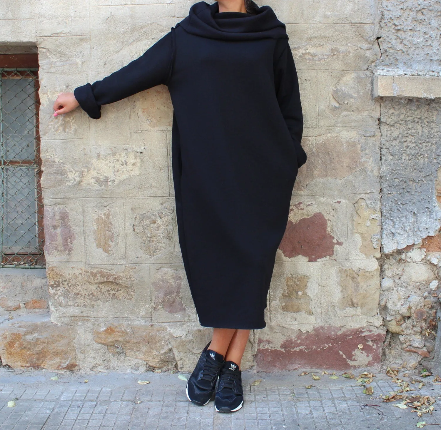 Cozy Loungewear Dress, Cowl Neck Dress, Warm Winter Dress, Turtleneck Dress, Plus Size Clothing, Black Jumper Dress, Gothic Dress, Loose