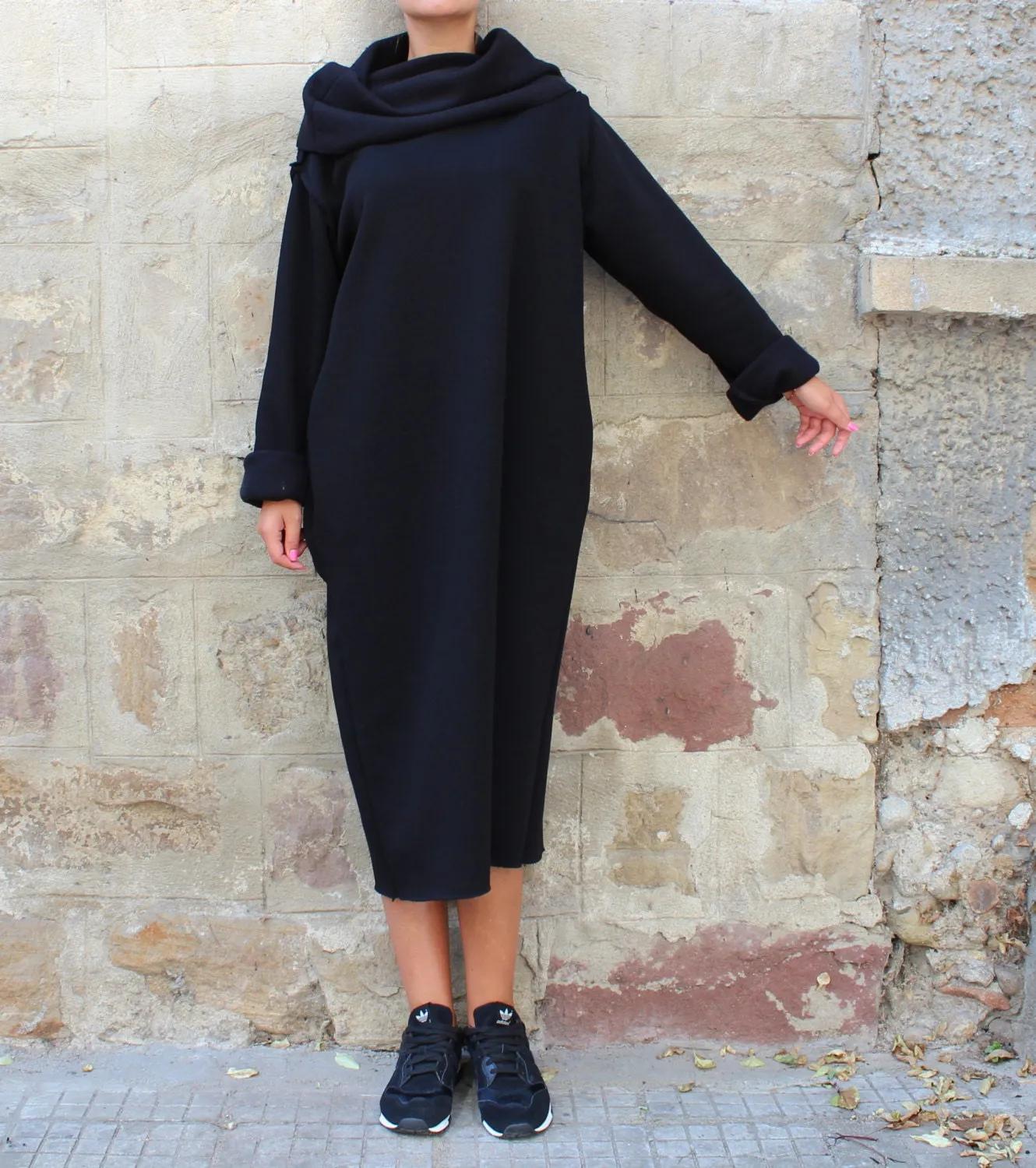 Cozy Loungewear Dress, Cowl Neck Dress, Warm Winter Dress, Turtleneck Dress, Plus Size Clothing, Black Jumper Dress, Gothic Dress, Loose