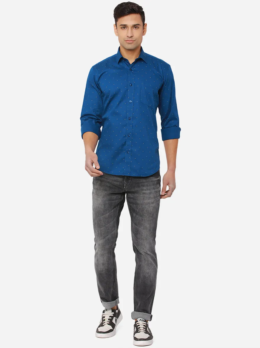 Dark Blue Printed Slim Fit Casual Shirt | JadeBlue