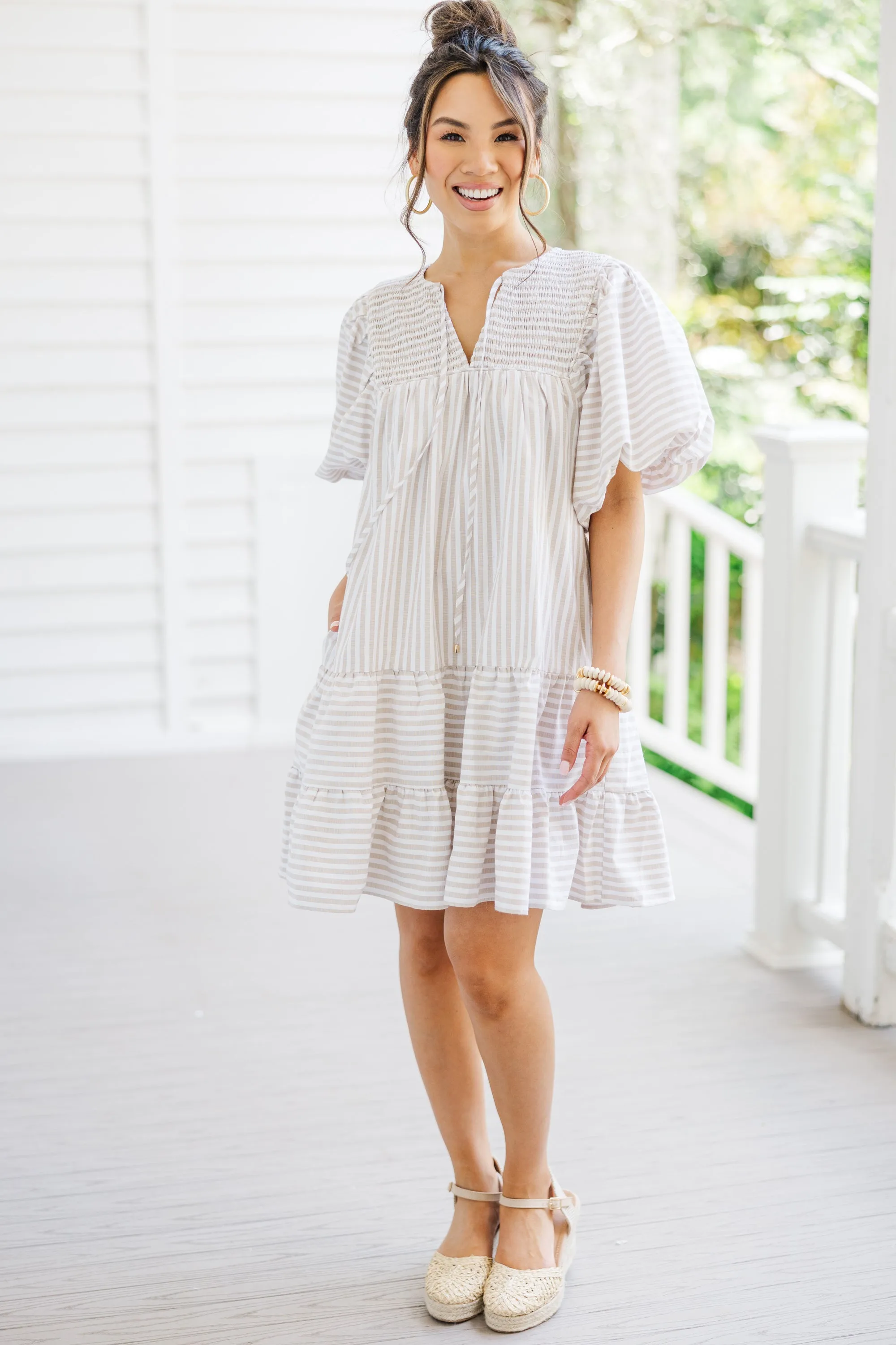 Face The Day Sand Brown Striped Dress