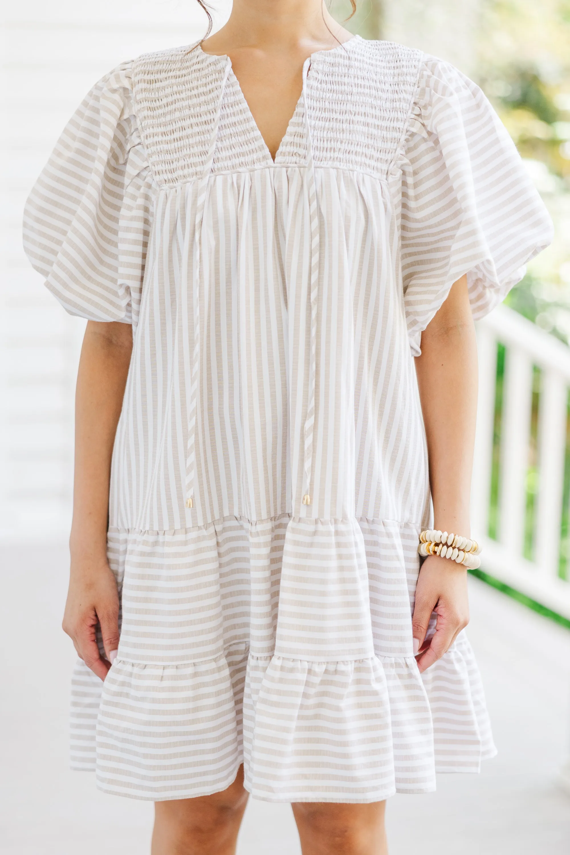 Face The Day Sand Brown Striped Dress