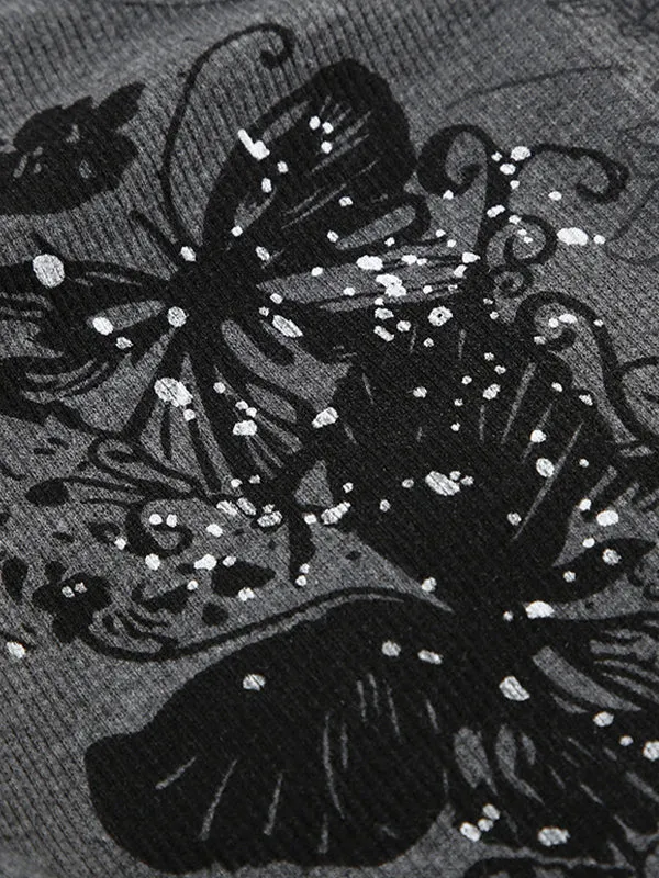 Grey long-sleeved knit with vintage butterfly print