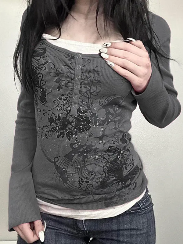 Grey long-sleeved knit with vintage butterfly print