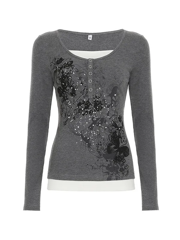 Grey long-sleeved knit with vintage butterfly print