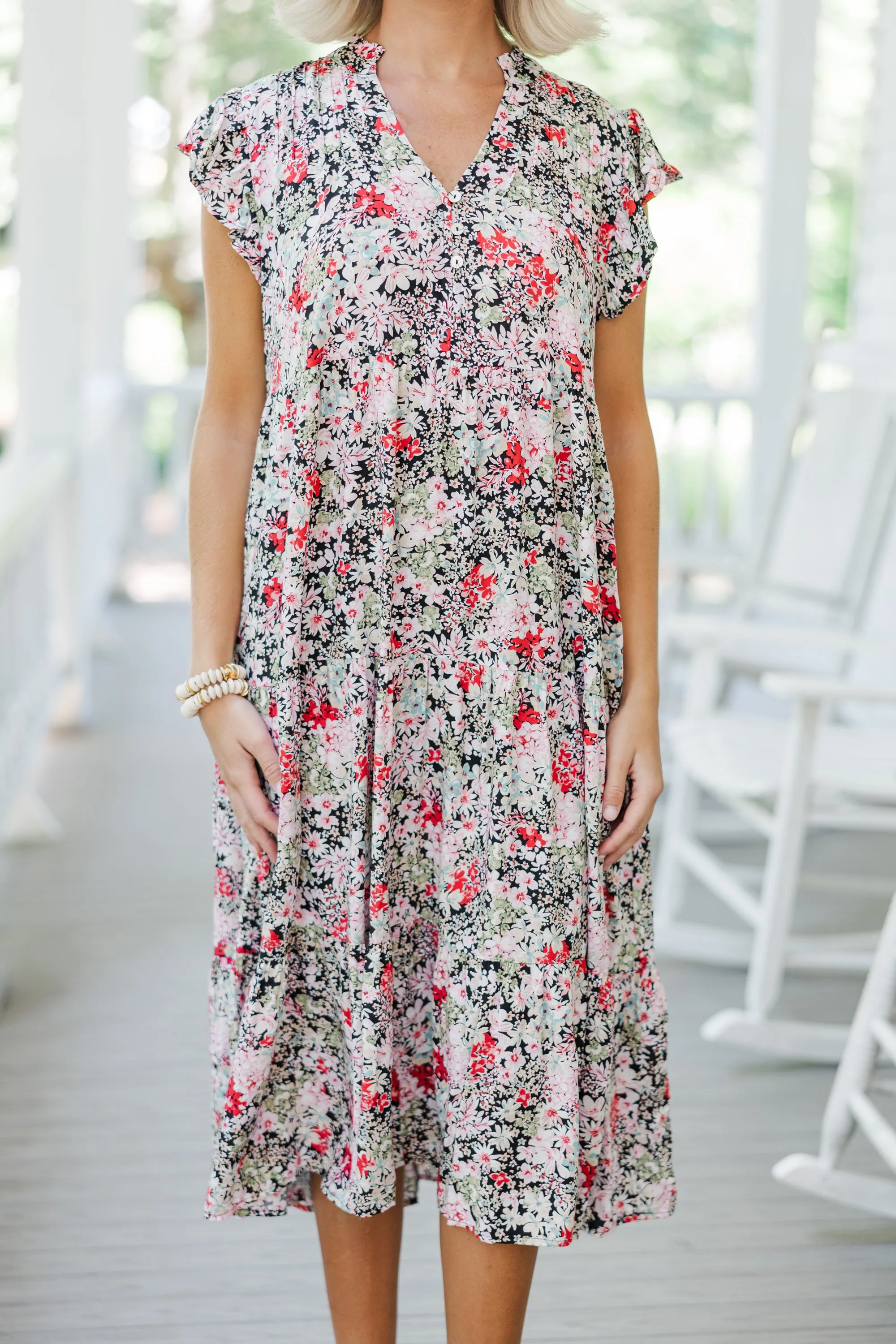 It's Another Day Black Ditsy Floral Midi Dress