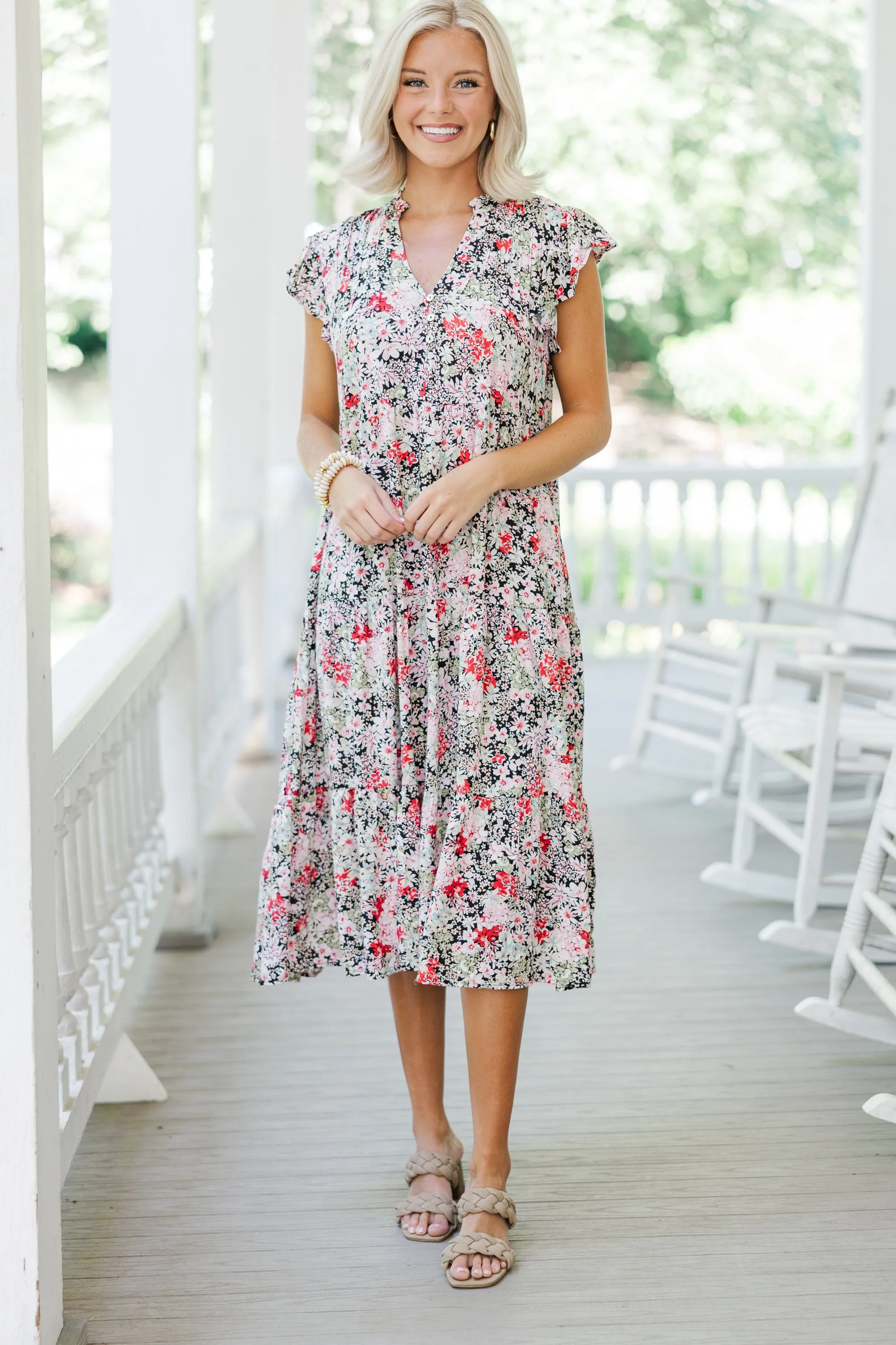 It's Another Day Black Ditsy Floral Midi Dress