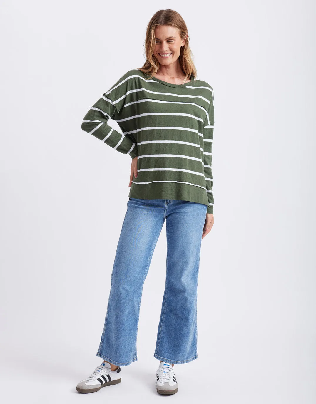 Jayne Stripe Throw On Top - Khaki/White Stripe