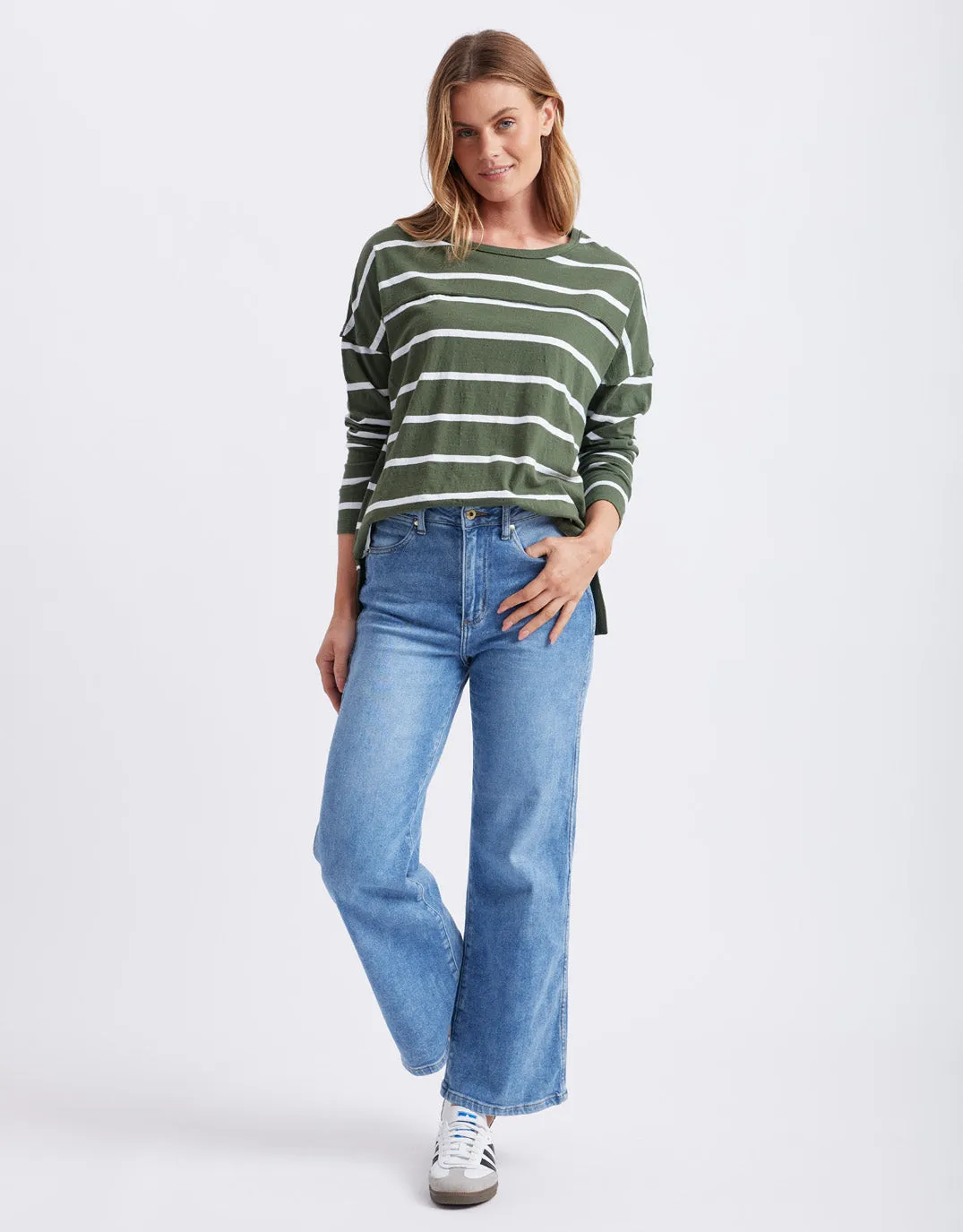 Jayne Stripe Throw On Top - Khaki/White Stripe