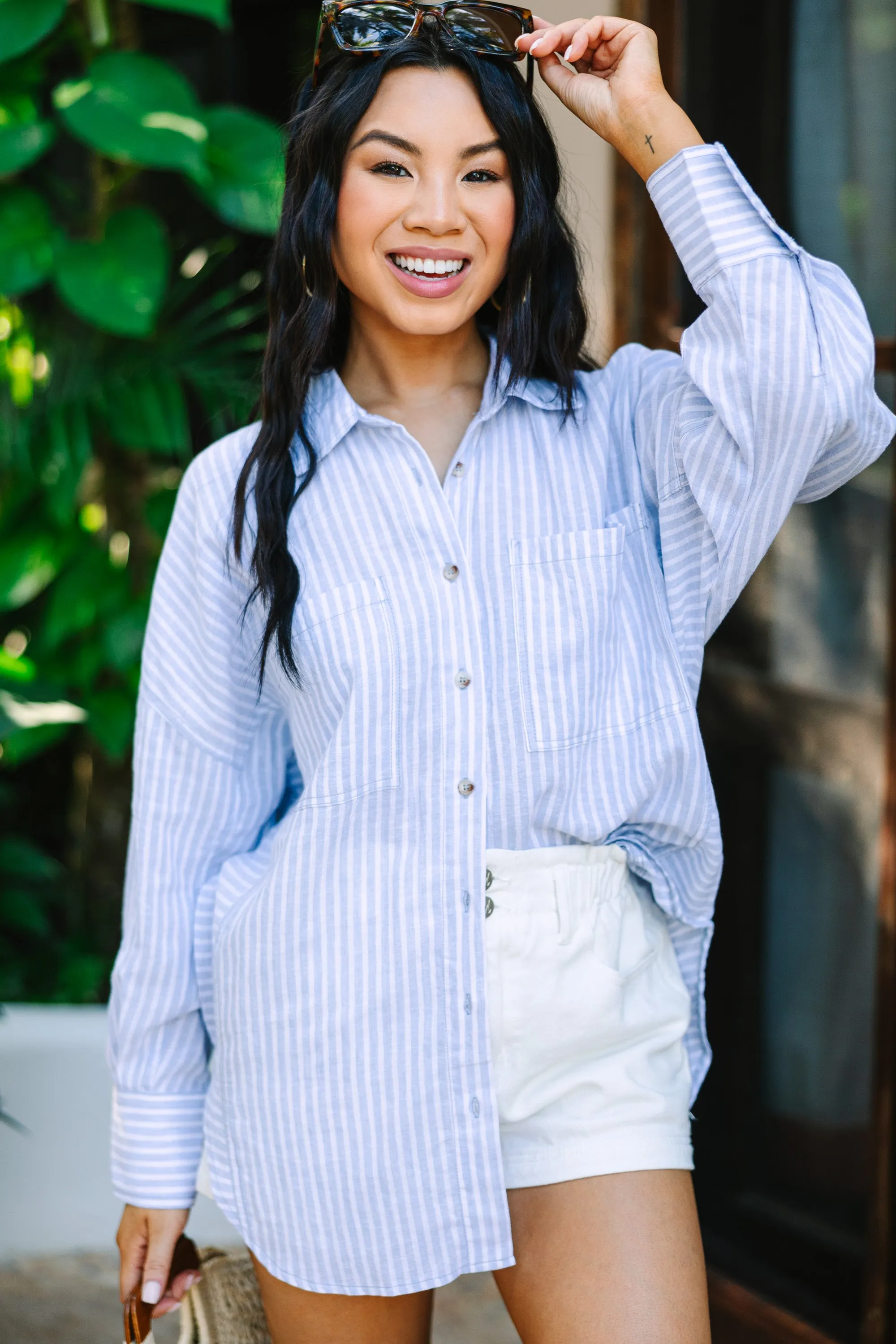 Made For You Light Blue Striped Button Down