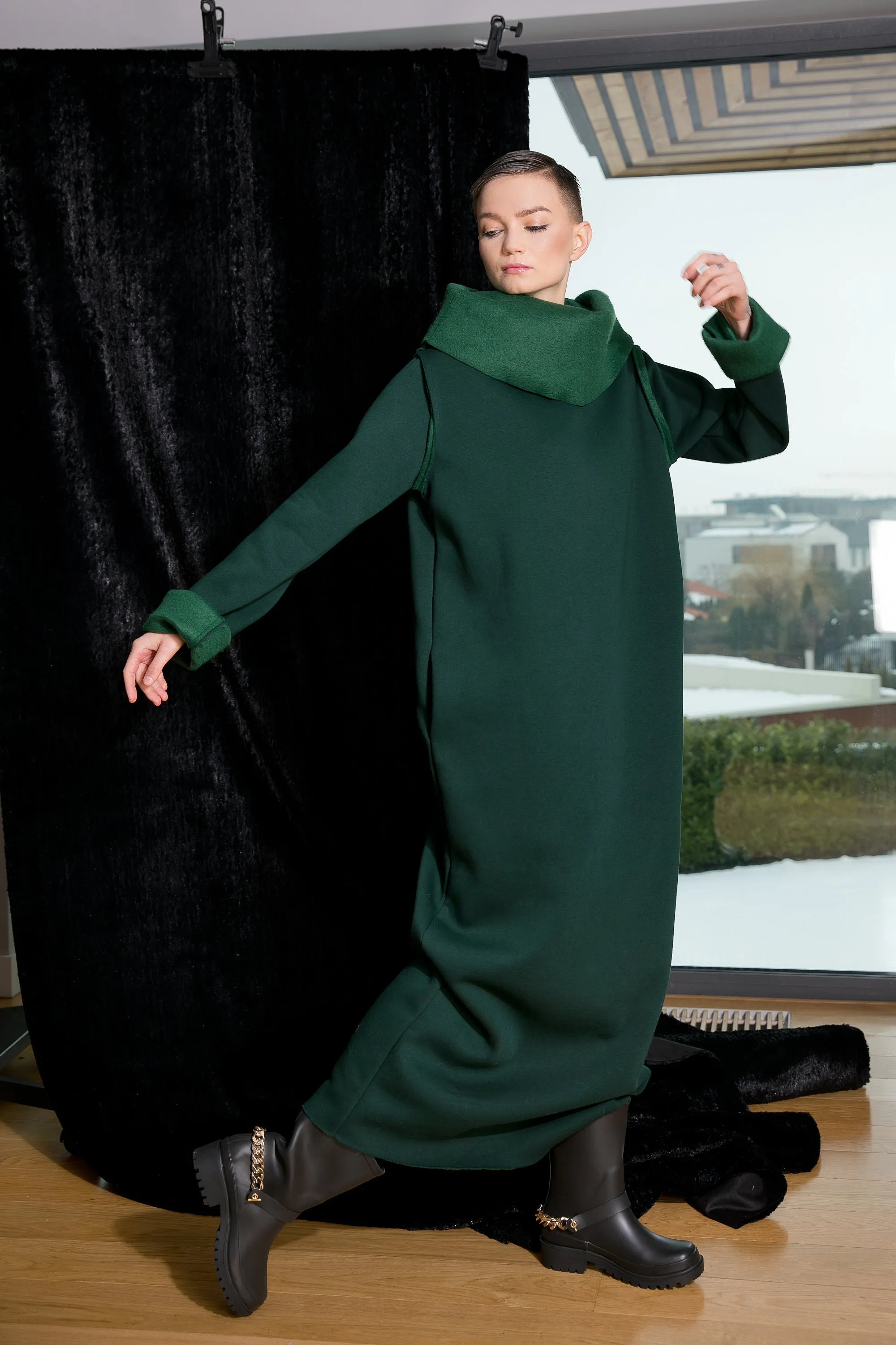 Olive Green Dress, Turtleneck Dress, Green Winter Dress, Plus Size Clothing, Long Sleeve Dress, Warm Kaftan Dress, Women Long Dress, Pocket