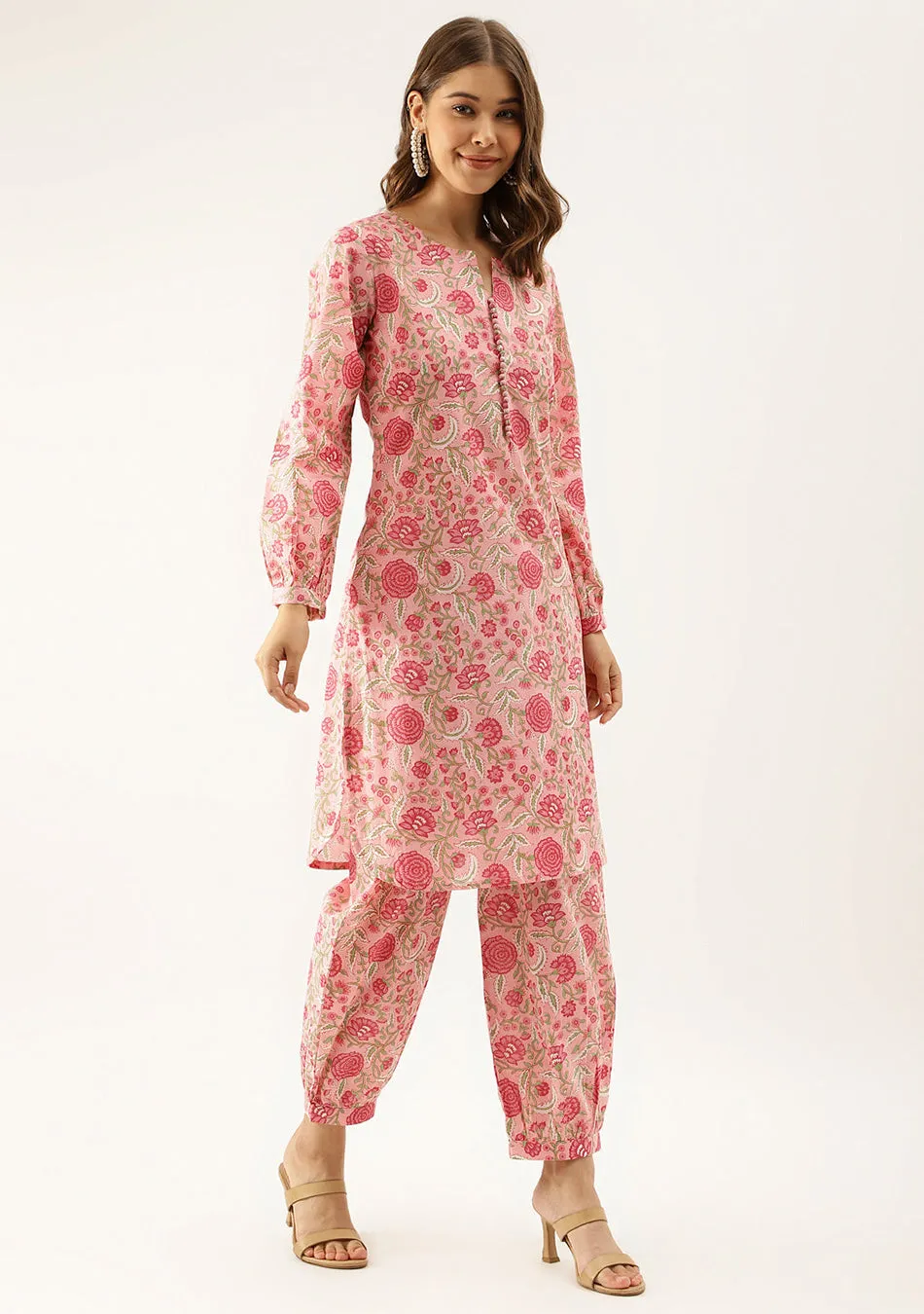 Pink Floral Print Cotton Co-ord set