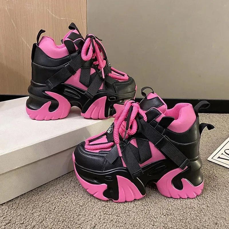 Pink Platform Sneakers Women Thick Sole Korean Chunky Sneakers 2025 Fashion Dad Shoes Woman Spring Height Increasing Sneakers
