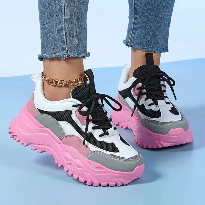 Pink Platform Sneakers Women Thick Sole Korean Chunky Sneakers 2025 Fashion Dad Shoes Woman Spring Height Increasing Sneakers