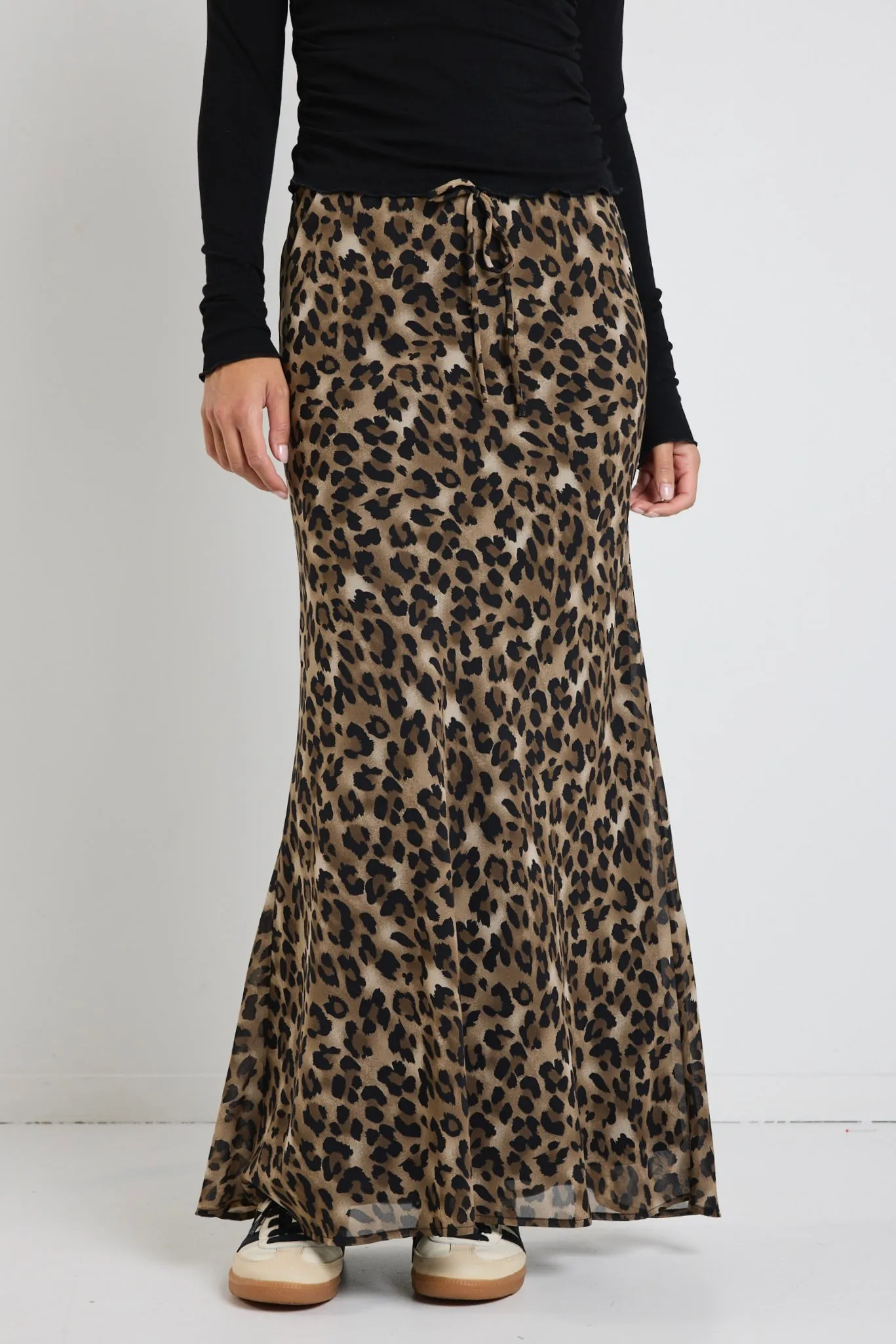 Rally Leopard Tie Waist Bias Maxi Skirt