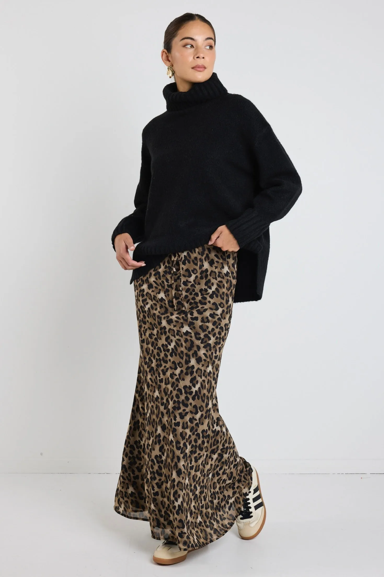 Rally Leopard Tie Waist Bias Maxi Skirt