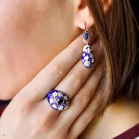 SOKOLOV - A La Russe Wide Ring - Sterling Silver 935 With CZ And Enamel, Blue