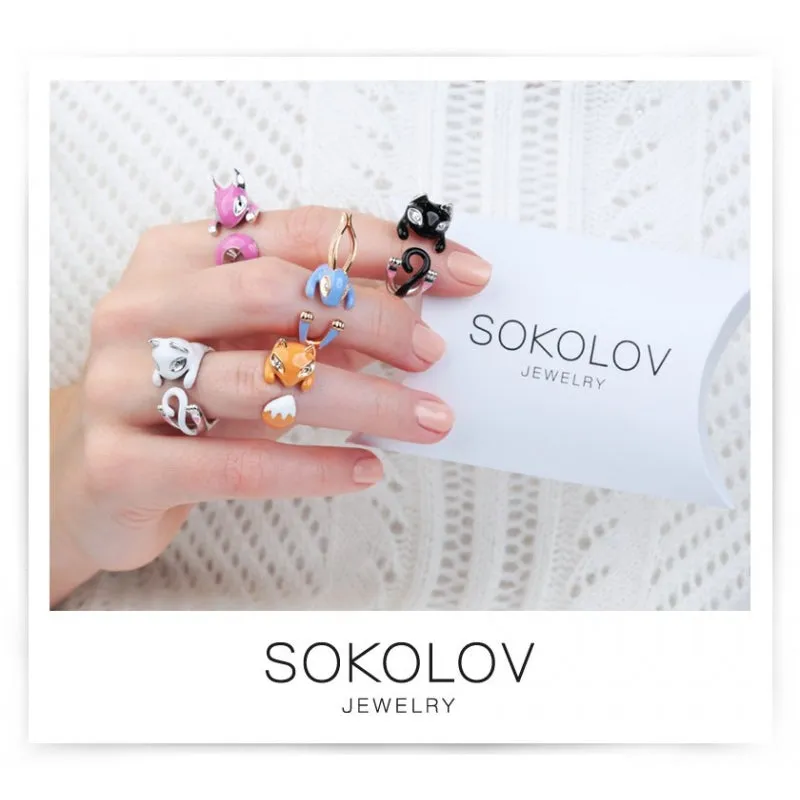 SOKOLOV - Fox Hug Ring - Rose Gold Plated 925 Sterling Silver Wth CZ And Enamel, Orange