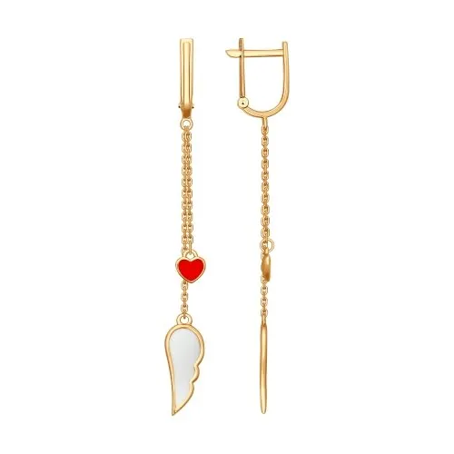 SOKOLOV - Hearts And Wings Drop Earrings - Gold 585 With Enamel, White And Red