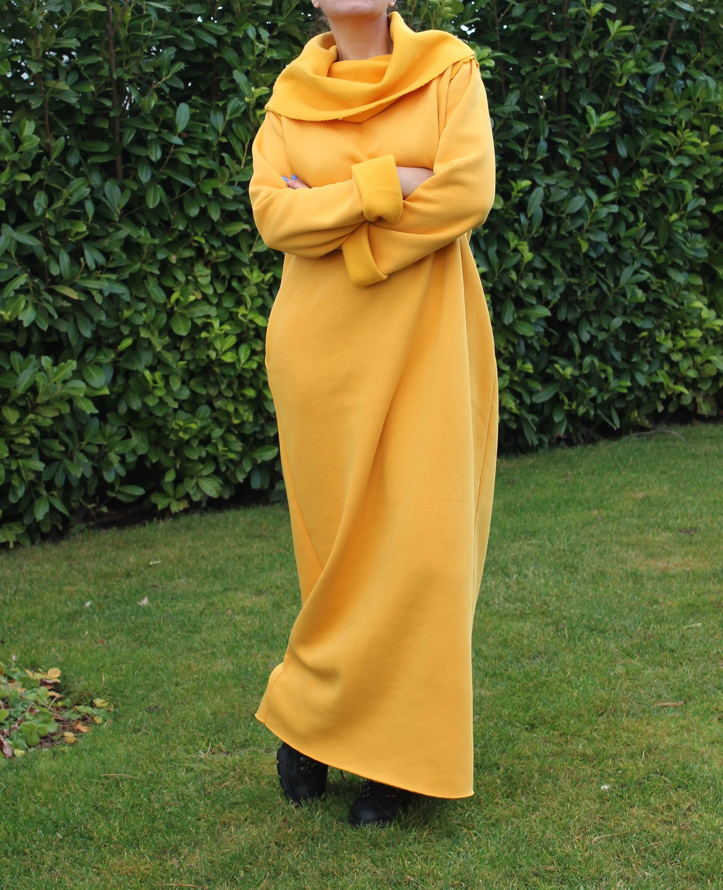 Sweatshirt Dress in Mustard Color, Maxi Dress for Women, Yellow Dress with Turtleneck, Long Sleeve Dress, Plus Size Clothing
