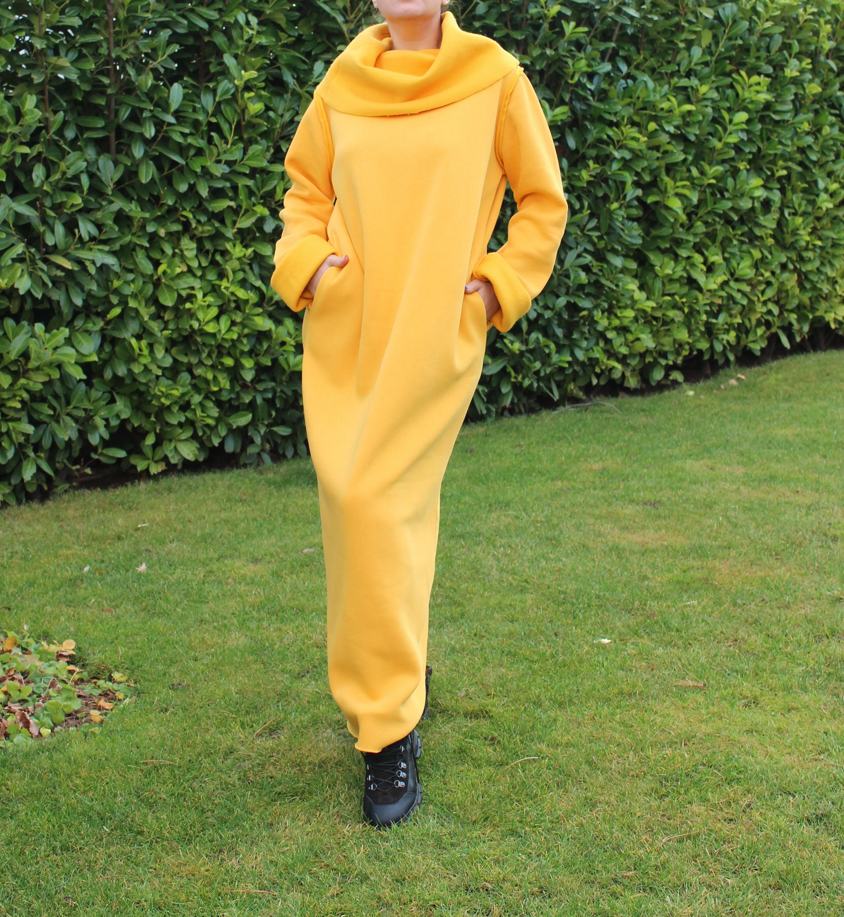 Sweatshirt Dress in Mustard Color, Maxi Dress for Women, Yellow Dress with Turtleneck, Long Sleeve Dress, Plus Size Clothing