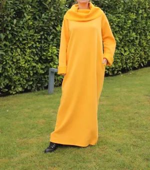 Sweatshirt Dress in Mustard Color, Maxi Dress for Women, Yellow Dress with Turtleneck, Long Sleeve Dress, Plus Size Clothing