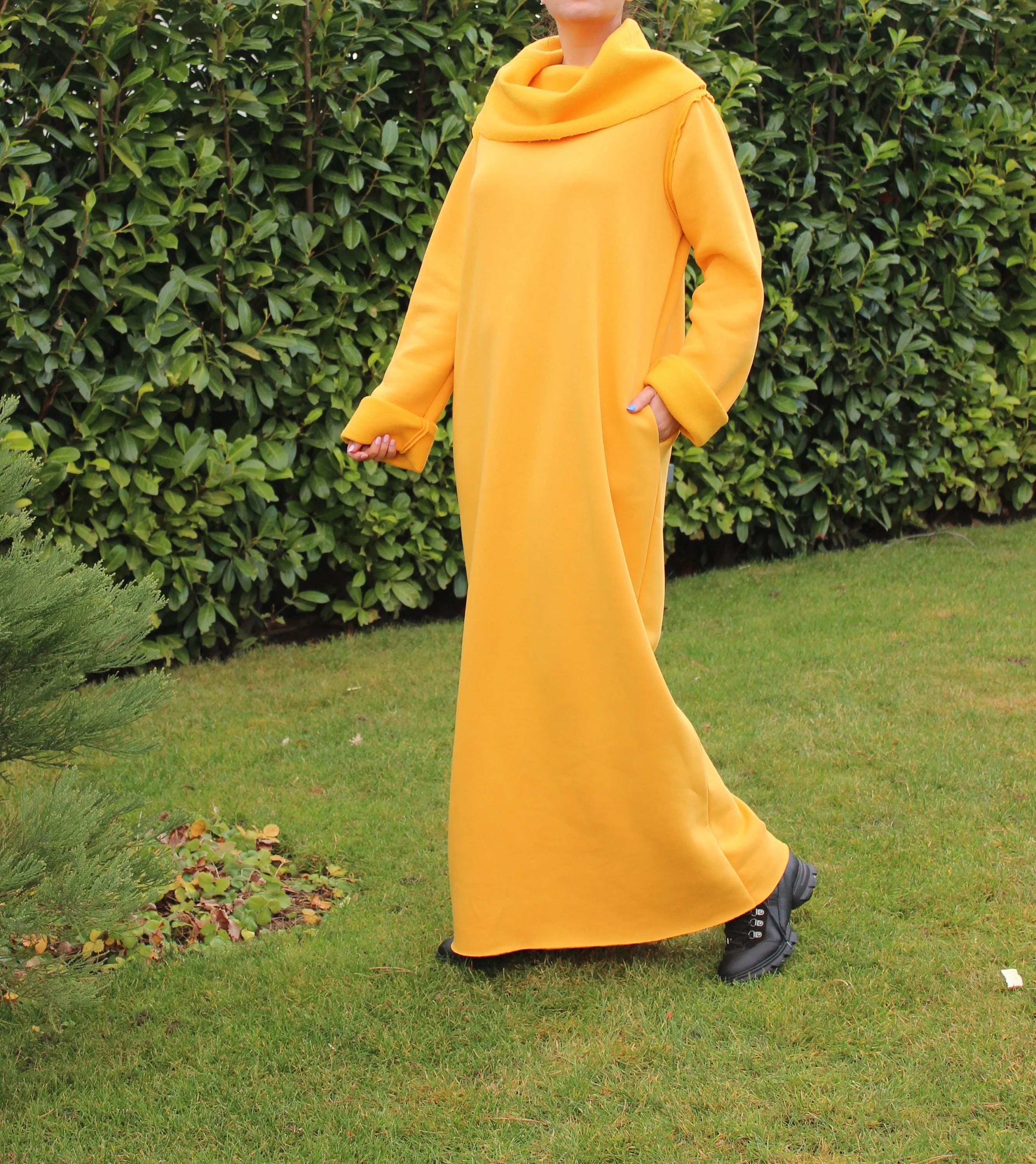 Sweatshirt Dress in Mustard Color, Maxi Dress for Women, Yellow Dress with Turtleneck, Long Sleeve Dress, Plus Size Clothing