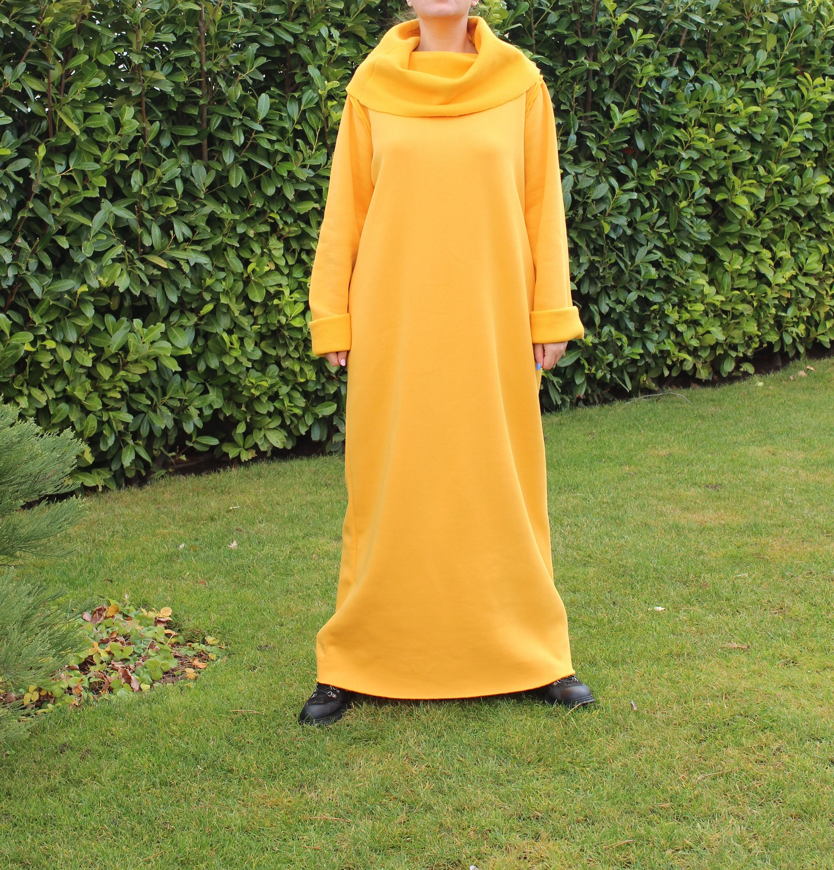 Sweatshirt Dress in Mustard Color, Maxi Dress for Women, Yellow Dress with Turtleneck, Long Sleeve Dress, Plus Size Clothing