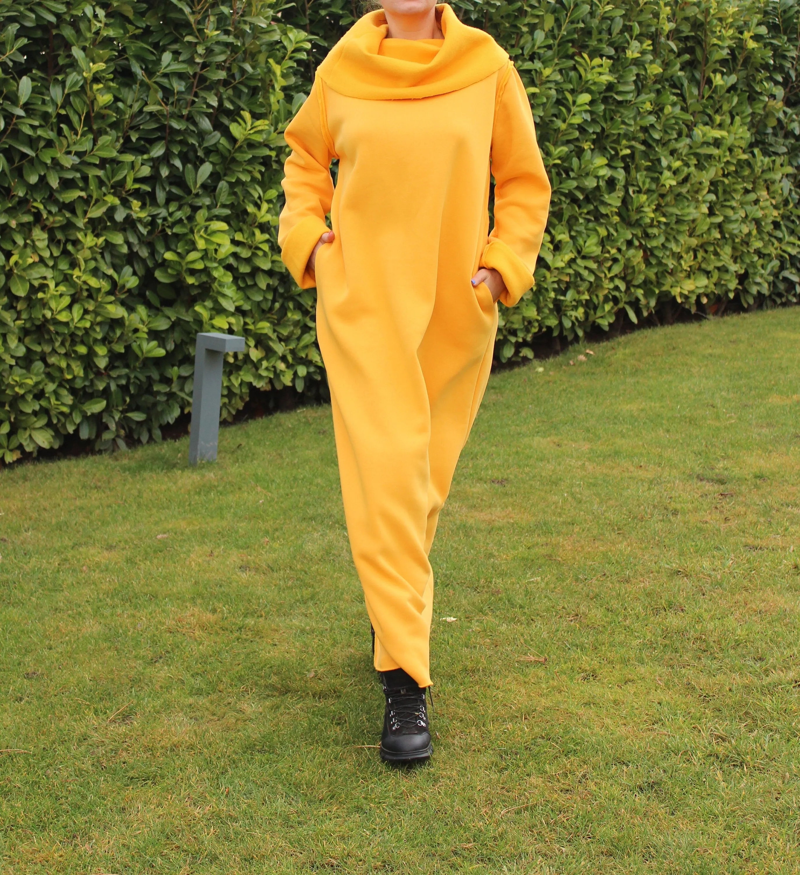 Sweatshirt Dress in Mustard Color, Maxi Dress for Women, Yellow Dress with Turtleneck, Long Sleeve Dress, Plus Size Clothing