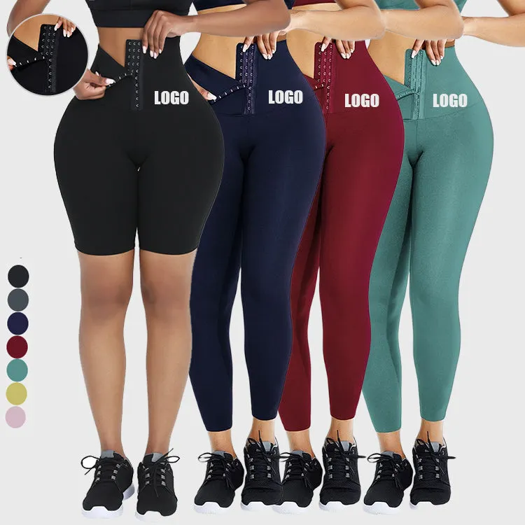 Top Selling Hooks Waist Trainer Corset Custom Leggings Women Yoga Pants Stretch High Waist Tights