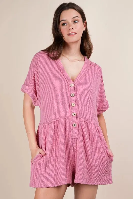 VERY J Two Tone Ribbed Knit Comfy Casual Romper